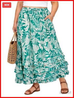 Plus Size Floral Maxi Skirt with Pockets Tiered Ruffle Hem High Waist